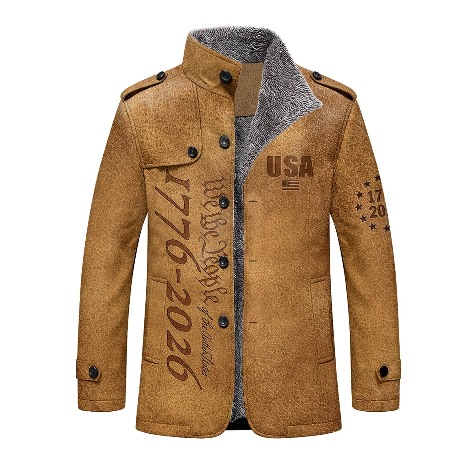 We The People 250 Years Silver Flag Men's Cold Premium Weather Jacket, Leather Trench Coat