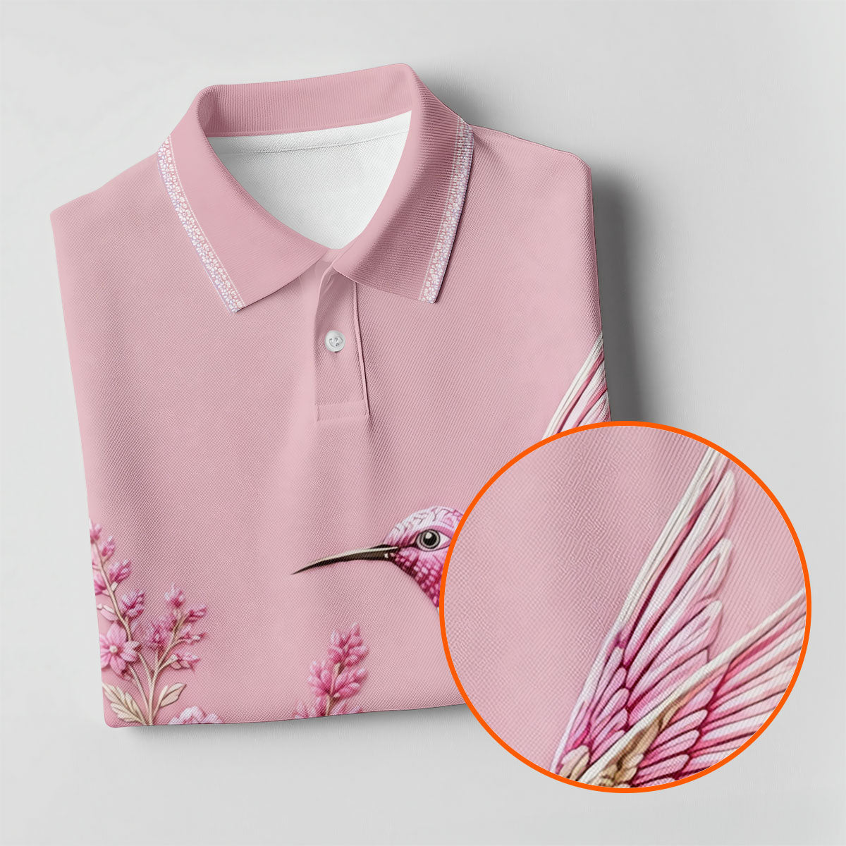 Hummingbird Floral Breast Cancer Ribbon Polo Shirt, Mens Golf Polo, Golf Apparel For Men