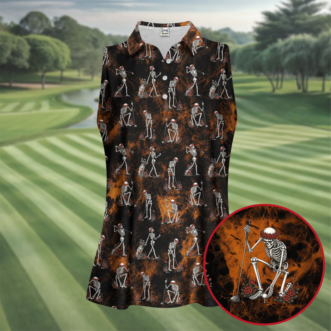 Skeleton Golfer Floral Halloween Polo Shirt, Hawaiian Golf Shirt, Ladies Golf Tops