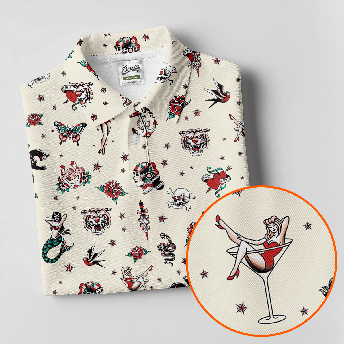 Old School Tattoo Flash Pattern Golf Polo Shirt, Women's Golf Tops, Ladies Golf Shirt