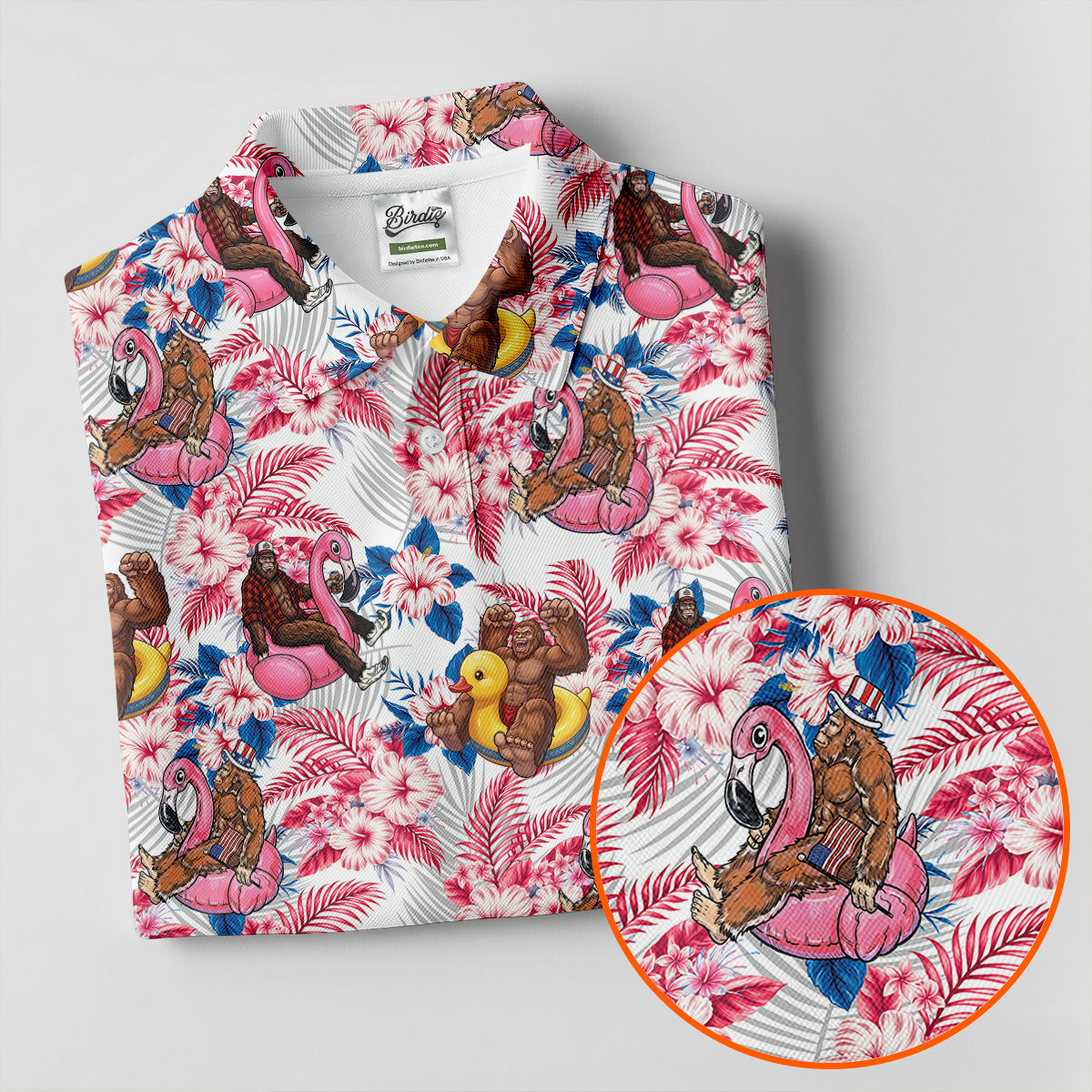 Funny Bigfoot Pool Party Hawaiian Golf Shirt, Red White Blue Tropical Flamingo Golf Shirts For Men