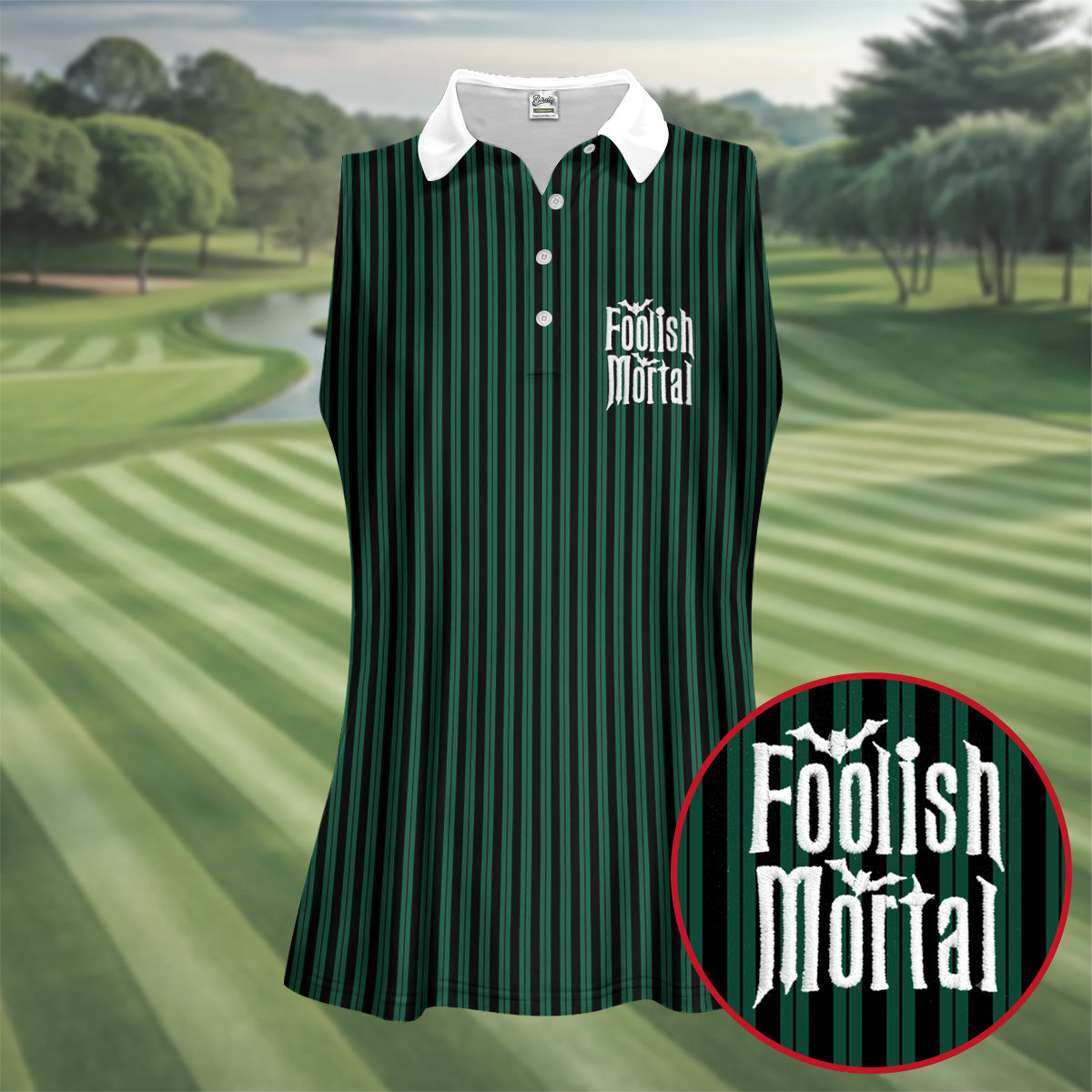 Green Foolish Mortal Striped Golf Polo Shirt, Golf Shirts For Women, Halloween Tops For Women