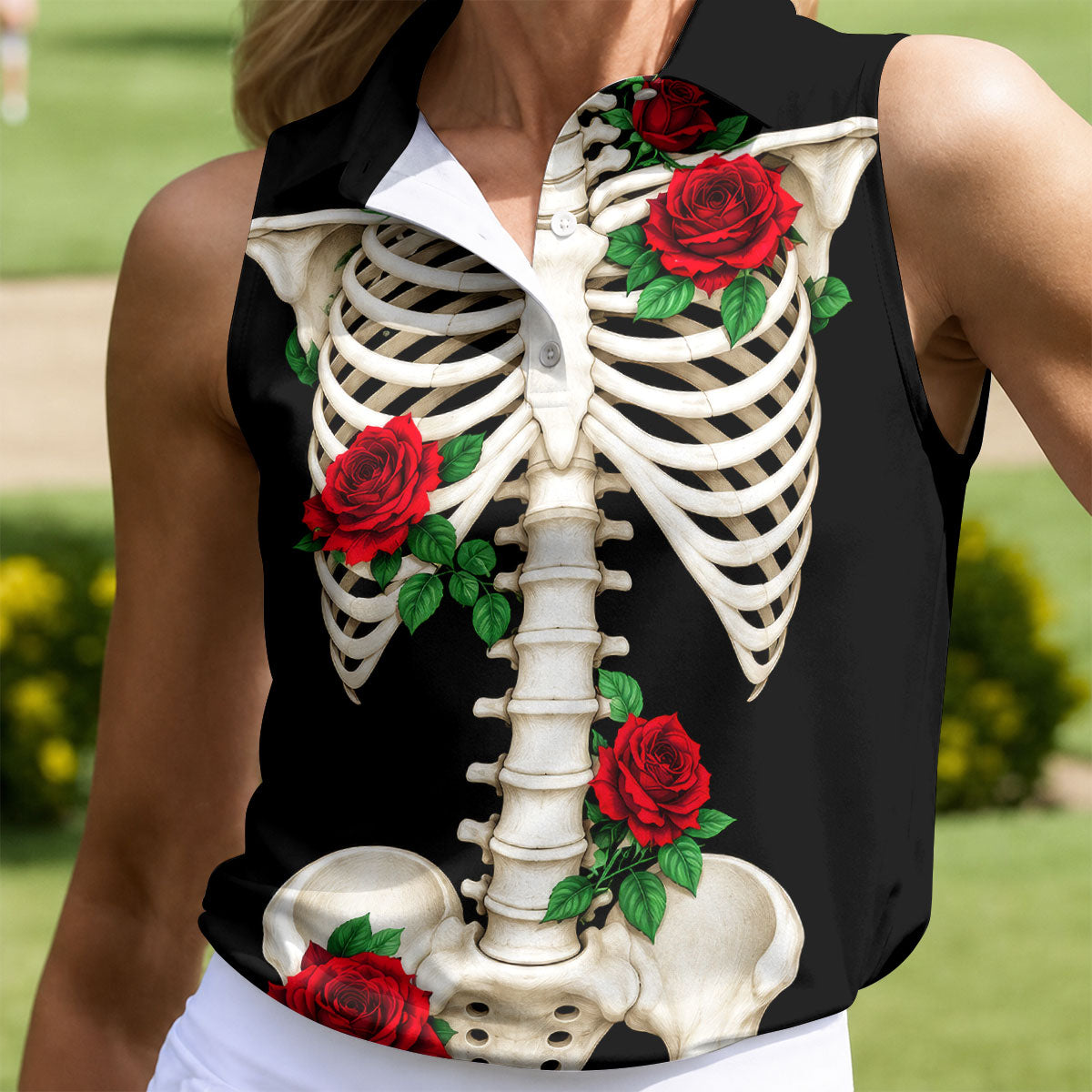 Skeleton Rib Cage And Red Roses Halloween Polo Shirt, Golf Tops For Women, Women’s Golf Polo
