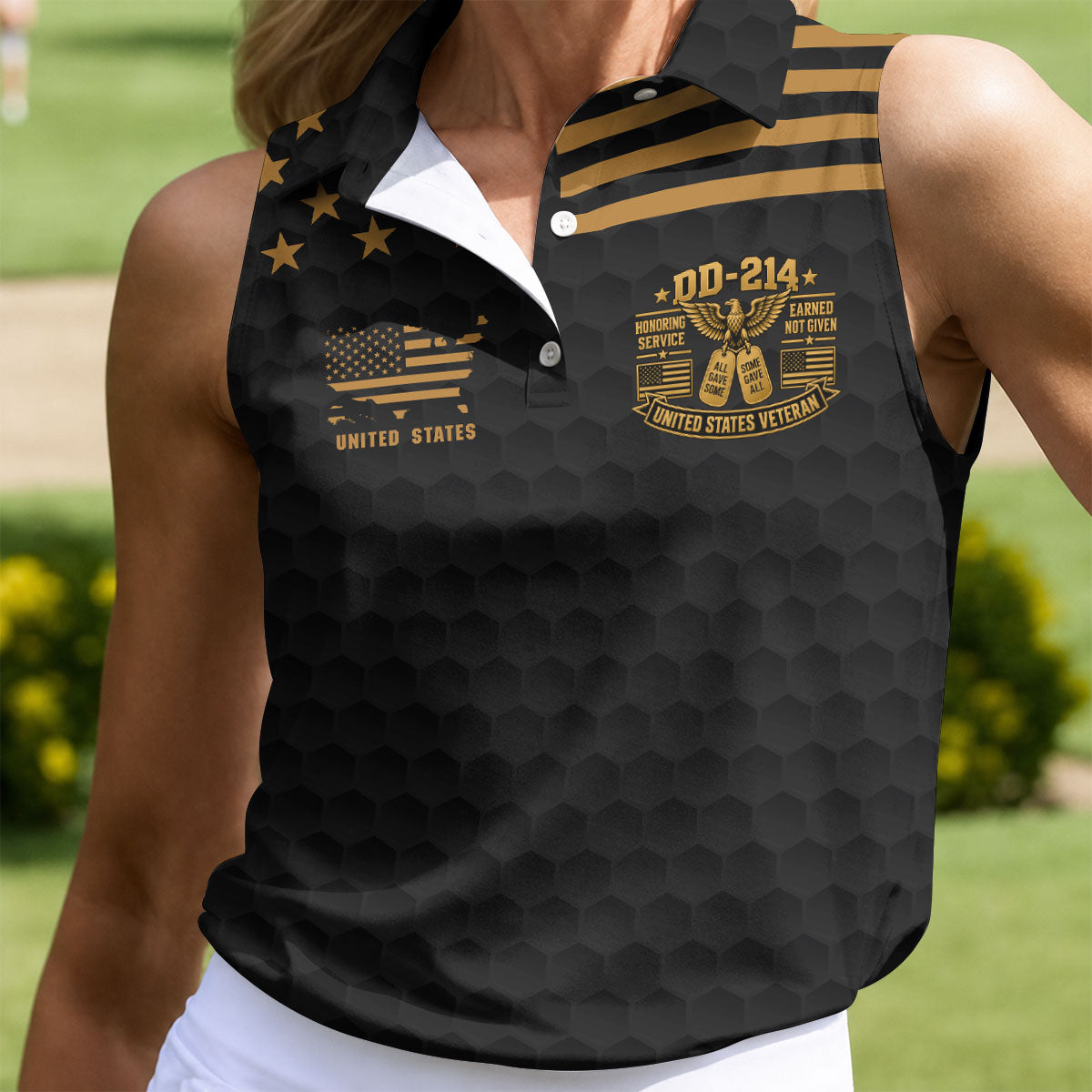 Custom Name Black Gold DD-214 Golf Polo Shirt, Womens Golf Polo, Veterans Day Shirt
