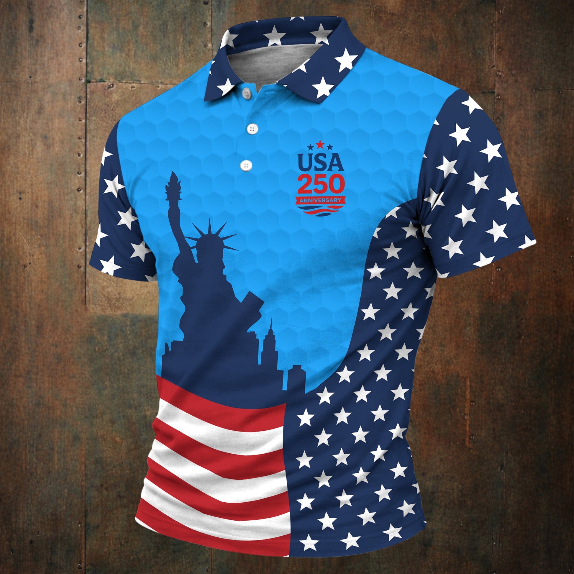 USA 250 Anniversary Statue Of Liberty Blue Golf Shirt, Patriotic Golf Shirt, 4th Of July Golf Shirts For Men