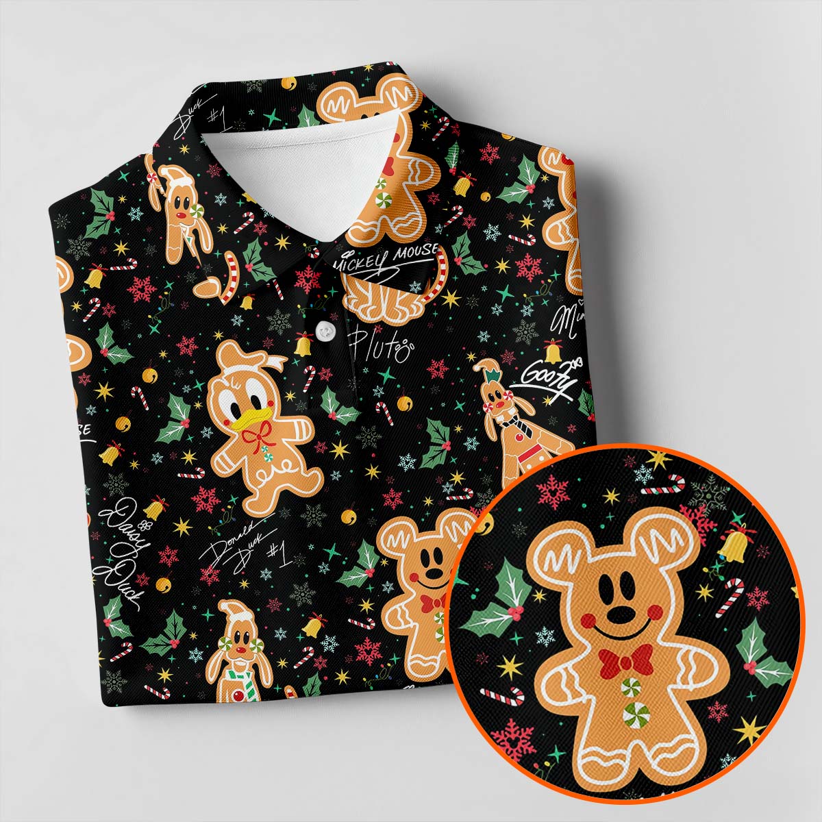 Cute Gingerbread Classic Cartoon Characters Christmas Golf Shirt, Black Golf Shirt, Polo Shirts For Men