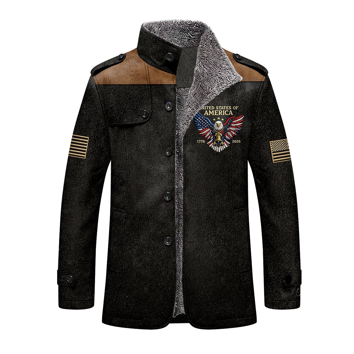 250 Years Red White Blue USA Bald Eagle Men's Cold Premium Weather Jacket, Leather Trench Coat