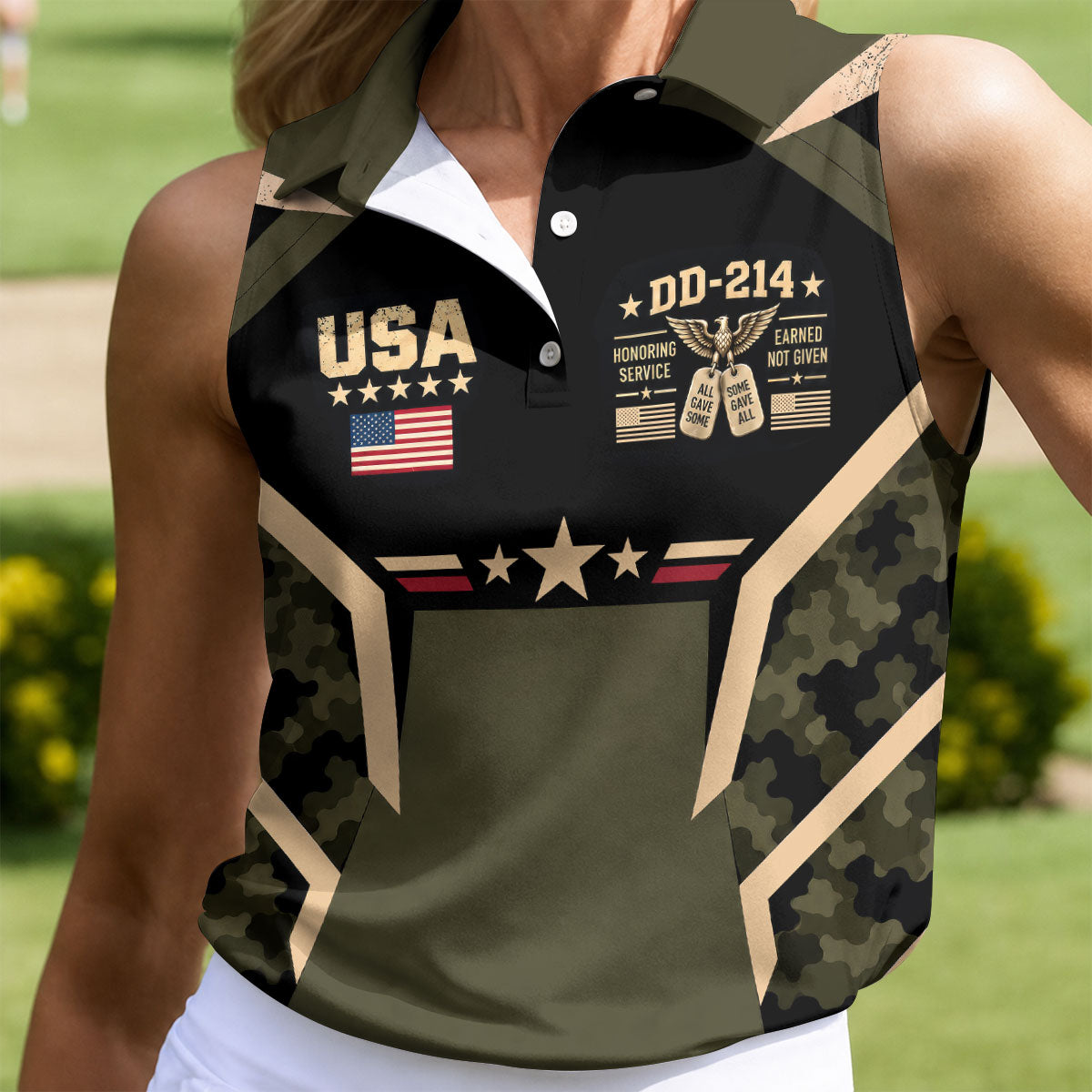 DD-214 USA Stars Camo Golf Polo Shirt, Womens Golf Shirts, Veterans Day Golf Shirt