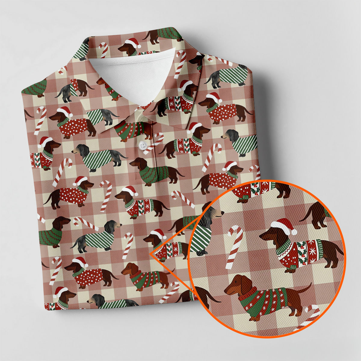 Christmas Dachshund Pink Checkered Golf Tops For Men, Christmas Golf Shirt, Polo Shirts For Men