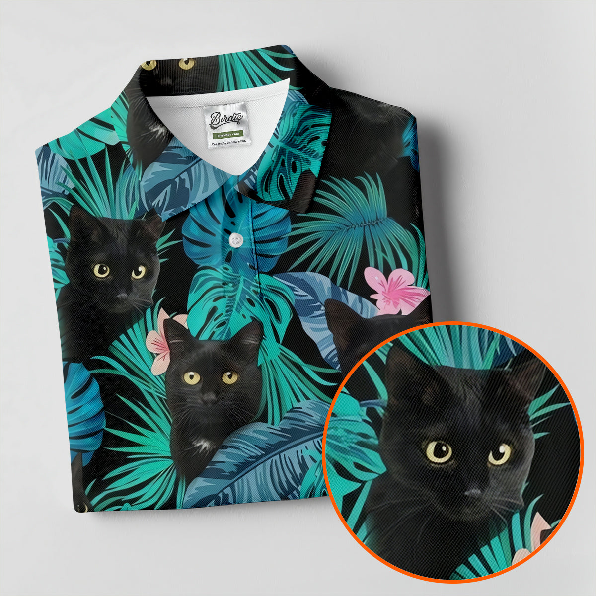 Black Cat Tropical Monstera Hawaiian Golf Polo Shirt, Golf Shirts For Women, Women's Golf Apparel