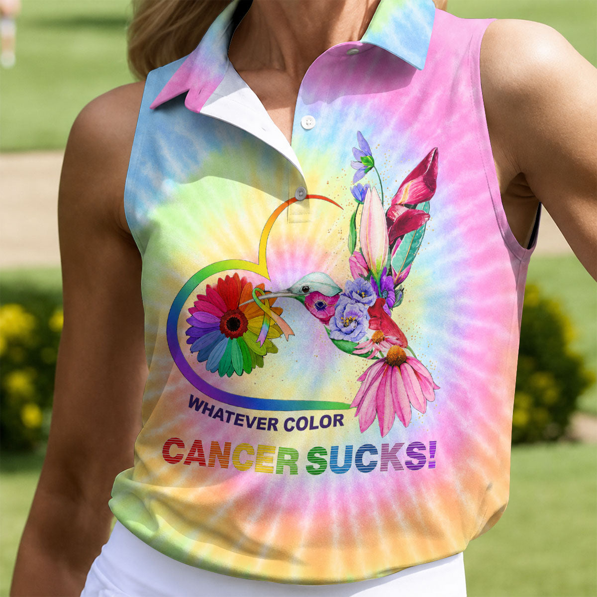 Whatever Color Cancer Sucks Hummingbird Polo Shirt, Golf Shirts For Women, Ladies Golf Top