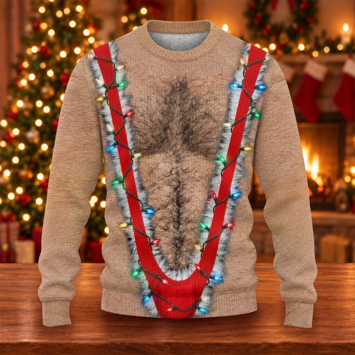 Hairy Chest Lights Print Sweater, Christmas Golf Shirt For Men, Ugly Christmas Sweater