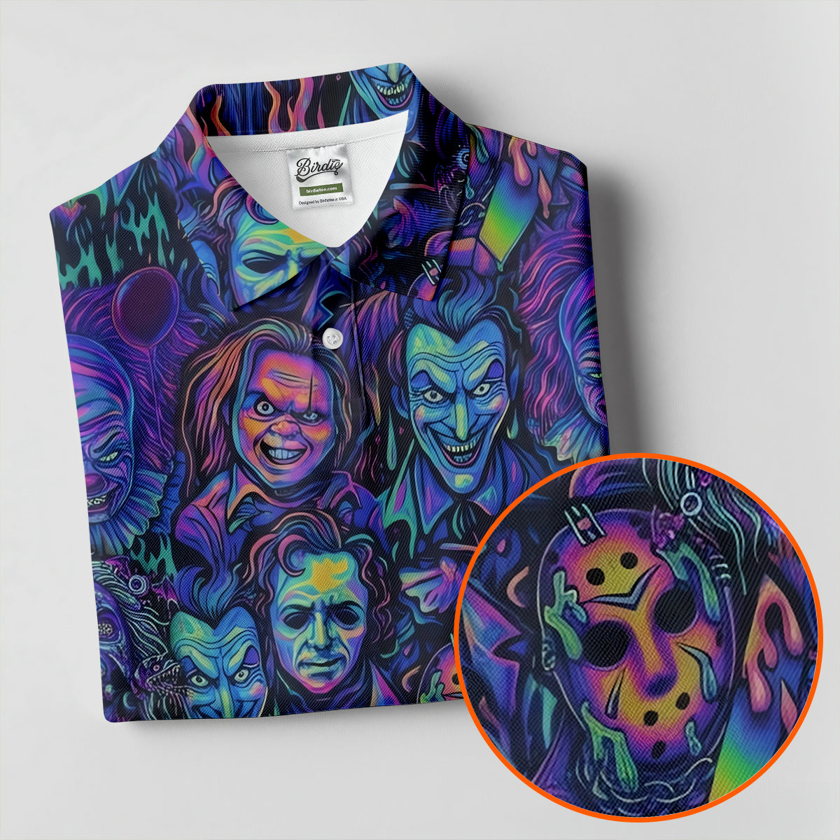 Neon Horror Character Villains Halloween Golf Shirt, Women's Golf Polo, Ladies Golf Tops