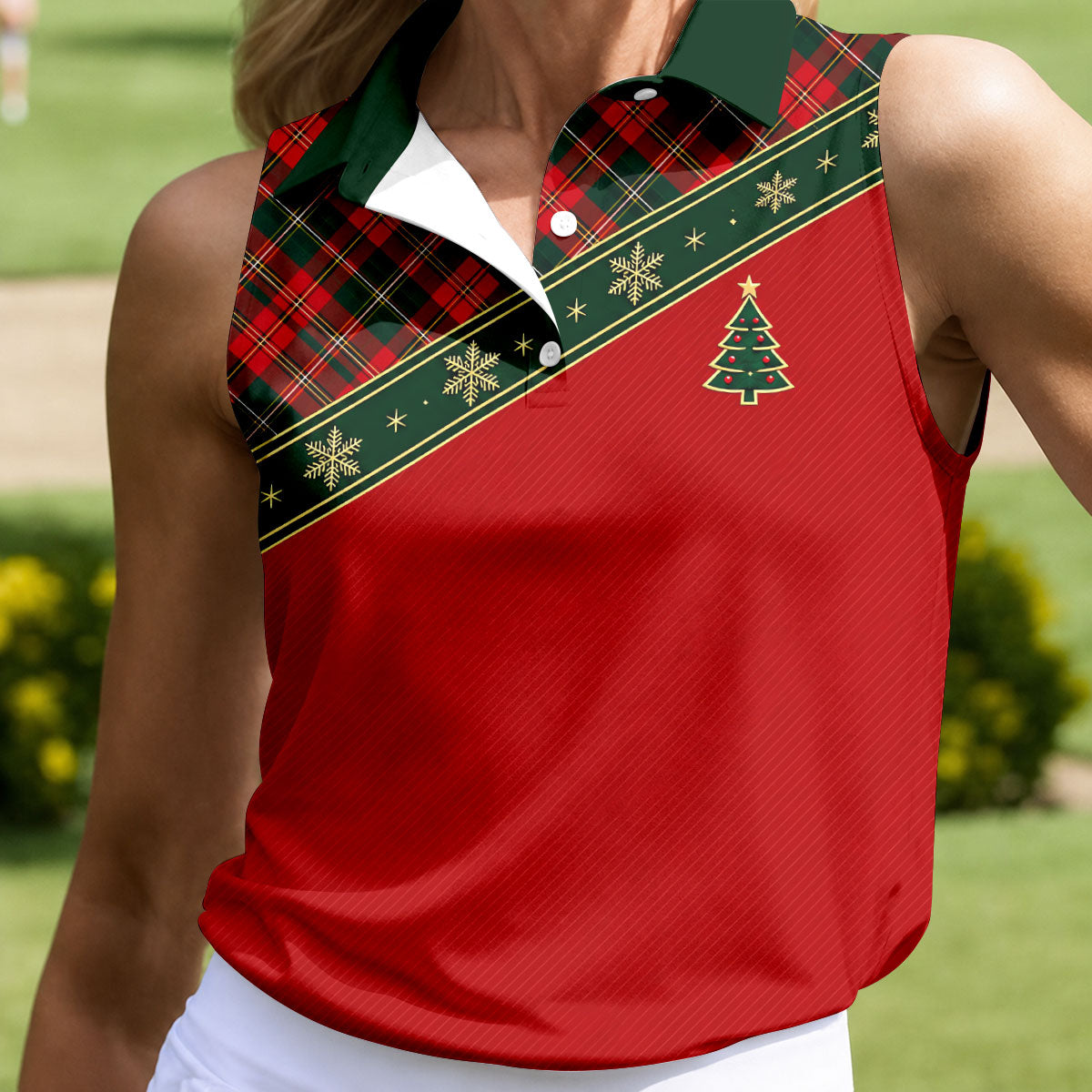 Red Plaid Snowflake Tree Christmas Golf Shirt, Womens Golf Tops, Ladies Golf Shirts