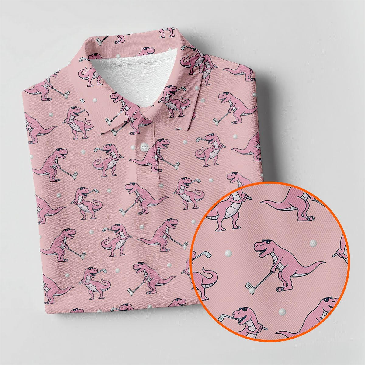 Pink T-Rex Dinosaur Golfer Pattern Golf Polo Shirt, Golf Shirts For Men, Mens Golf Apparel
