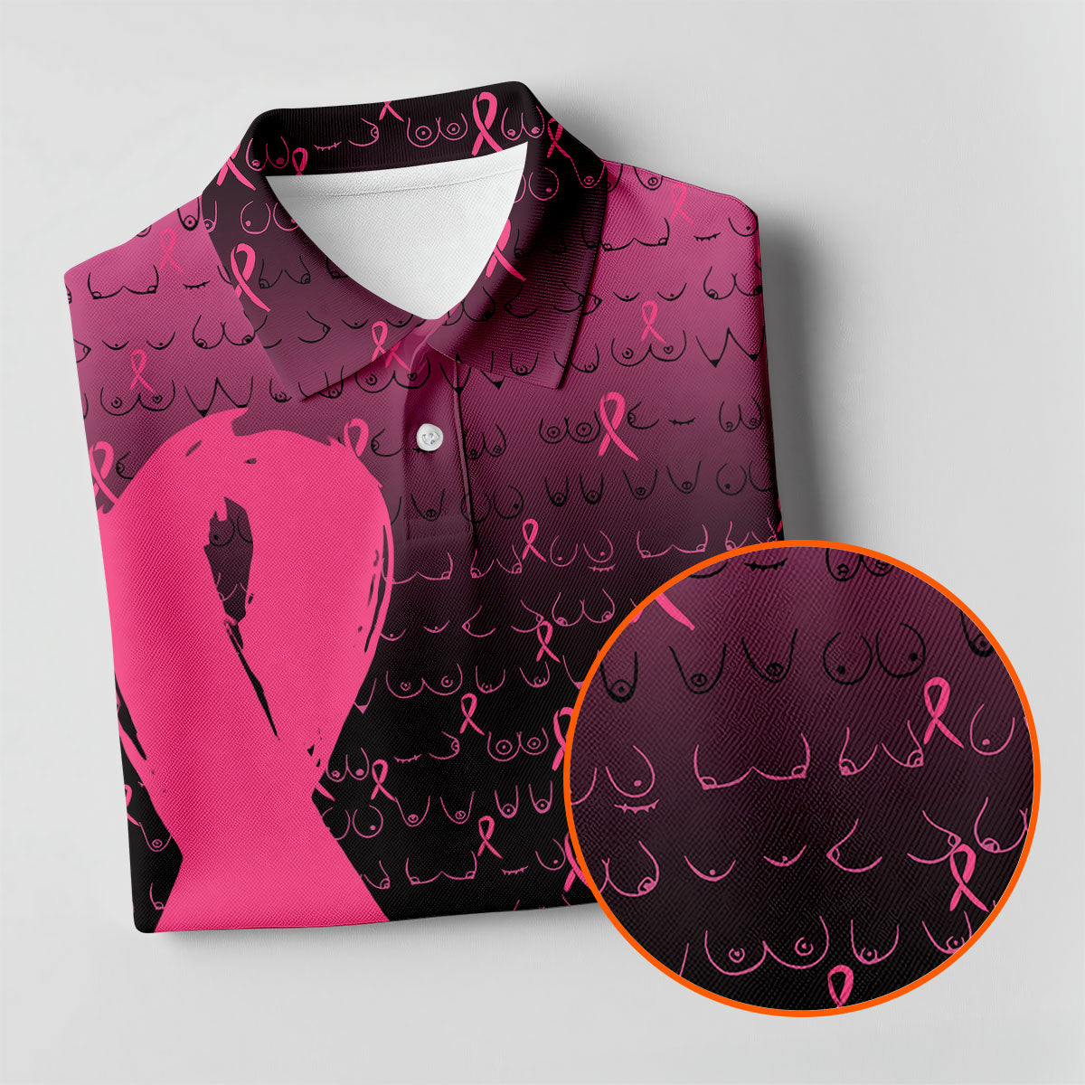 Pink Ribbon Boob Pattern Breast Cancer Polo Shirt, Mens Golf Polo, Printed Golf Shirts