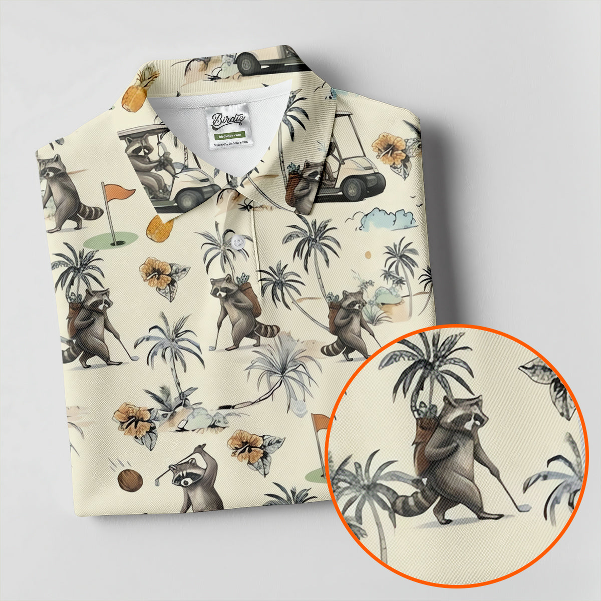 Funny Raccoon Golf Cart Tropical Pattern Polo Shirt, Womens Golf Polo, Ladies Golf Top
