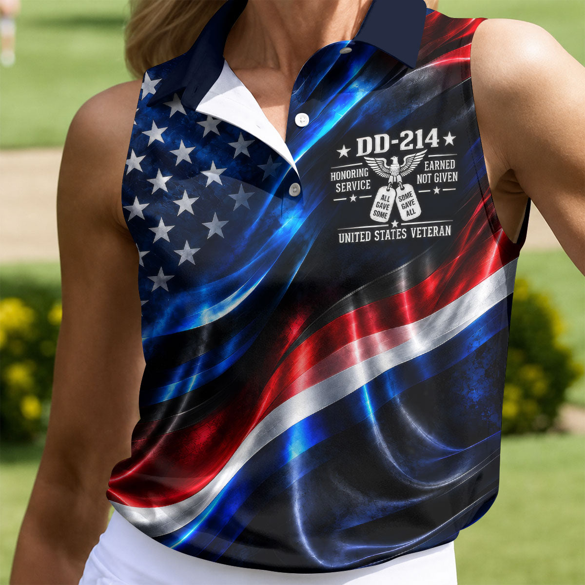 DD-214 Metallic USA Flag Golf Polo Shirt, Veterans Day Shirt, Golf Tops For Women