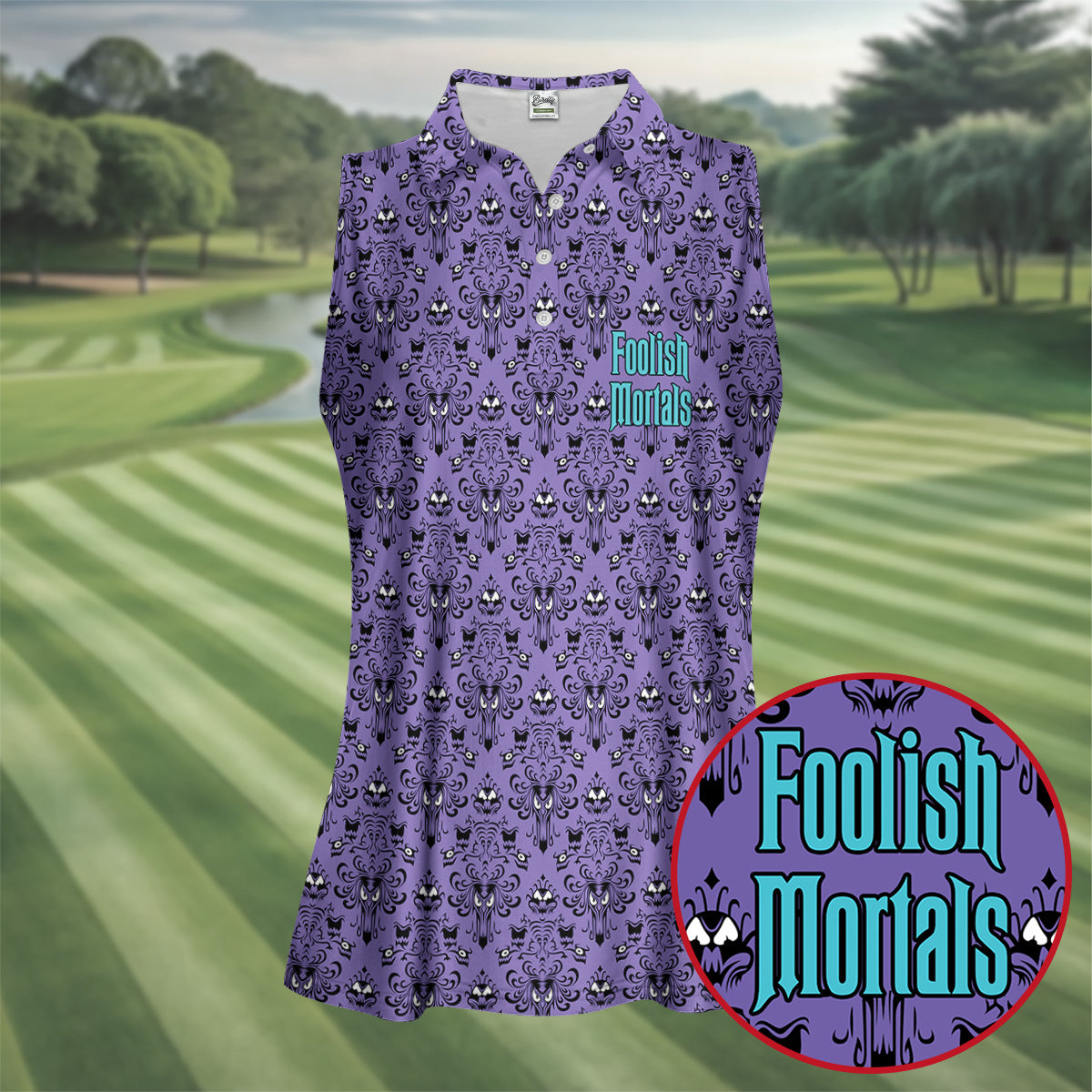 Foolish Mortals Haunted Pattern Golf Polo Shirt, Women's Halloween Shirt, Womens Golf Tops
