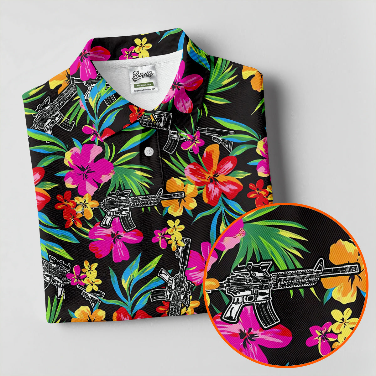 Black Tropical Floral Rifle Pattern Golf Polo Shirt, Golf Shirts For Women, Women's Golf Polo