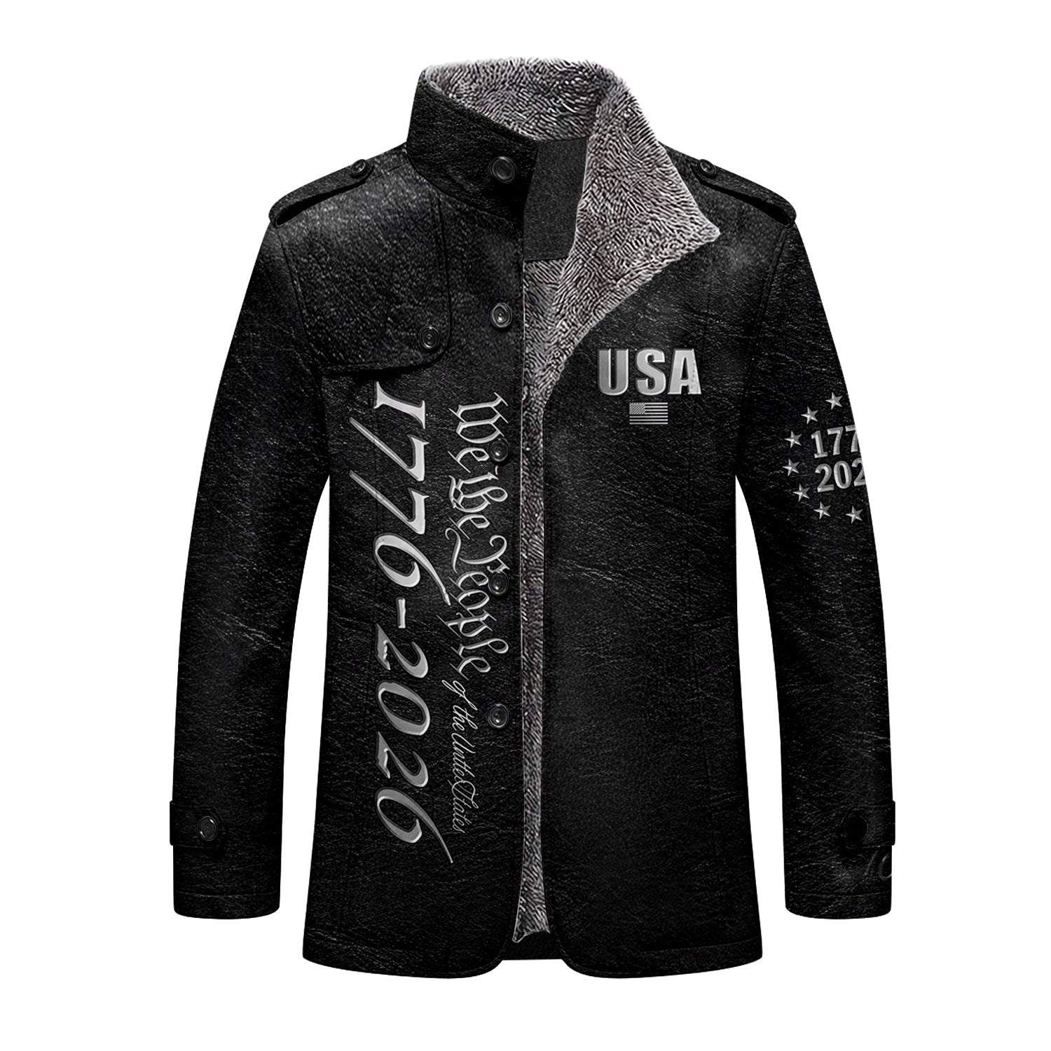 We The People 250 Years Silver Flag Men's Cold Premium Weather Jacket, Leather Trench Coat