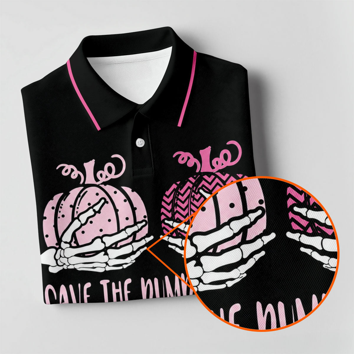 Save The Pumpkins Skeleton Breast Cancer Polo Shirt, Womens Golf Tops, Printed Golf Shirt