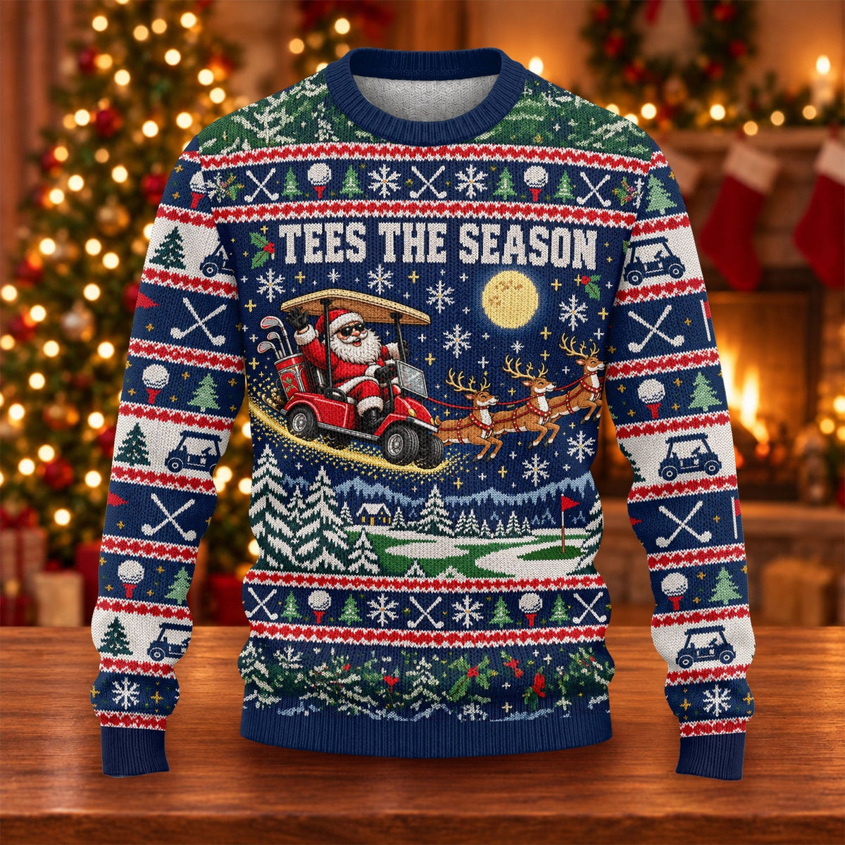 Tees The Season Santa Golf Cart Ugly Christmas Sweater, Golf Apparel, Holiday Gifts