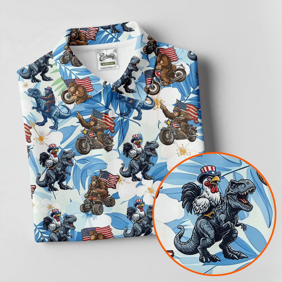 Patriotic Bald Eagle Funny T-Rex Bigfoot Hawaiian Golf Shirt, 250 Years 4th Of July Golf Shirts For Men