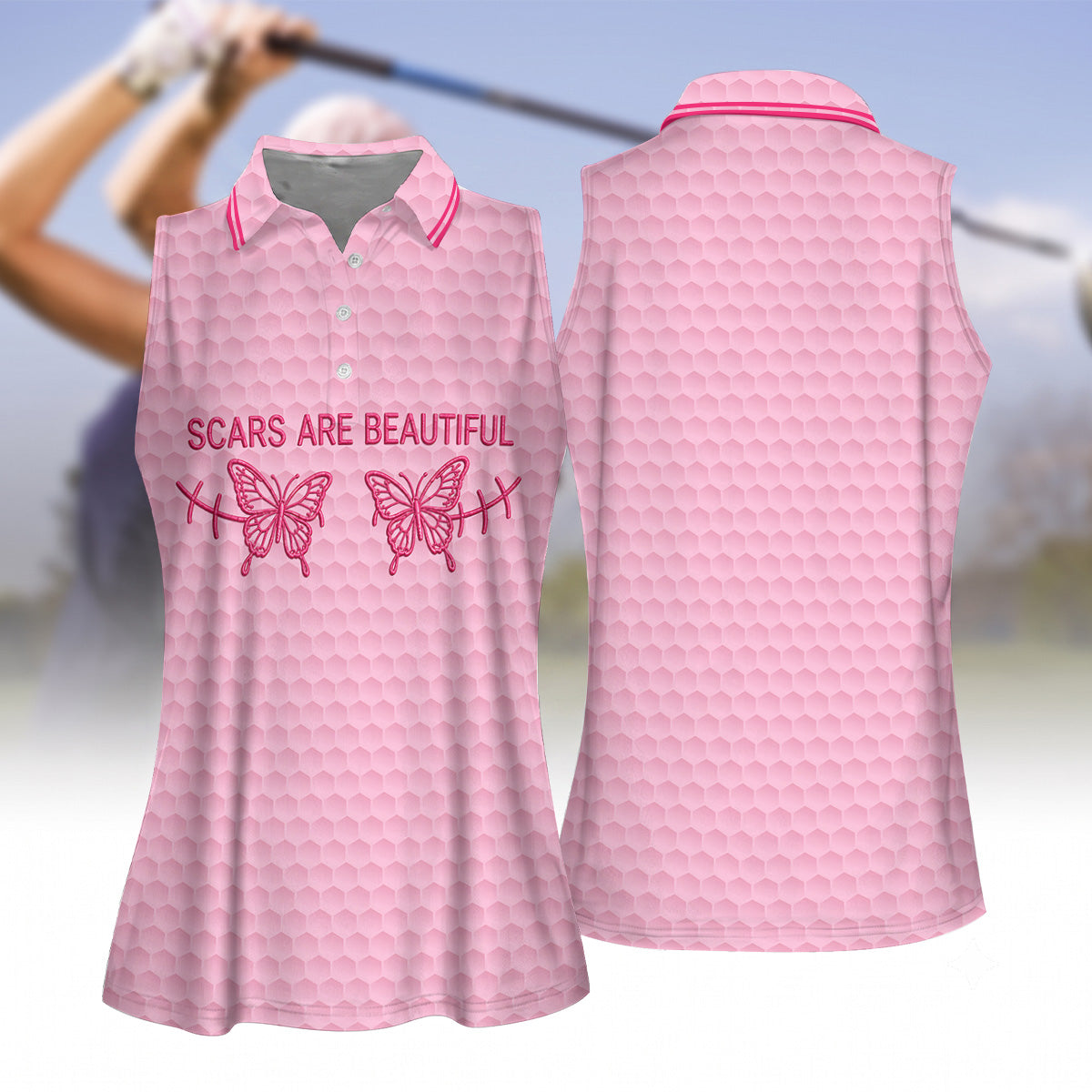 Scars Are Beautiful Butterfly Breast Cancer Golf Polo Shirt, Women’s Golf Tops, Ladies Golf Shirt
