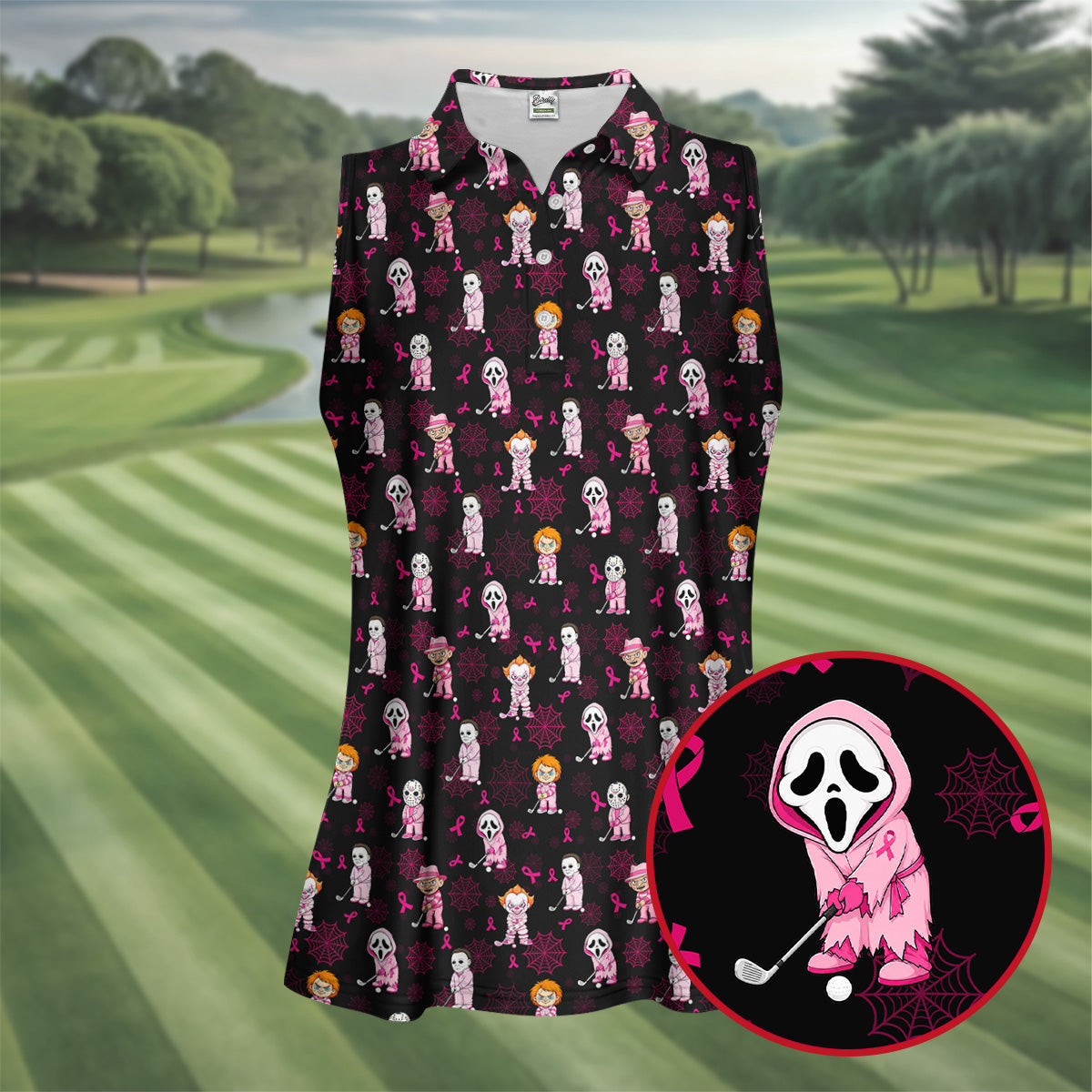 Black Halloween Horror Breast Cancer Polo Shirt, Women's Golf Polo, Golf Tops For Women