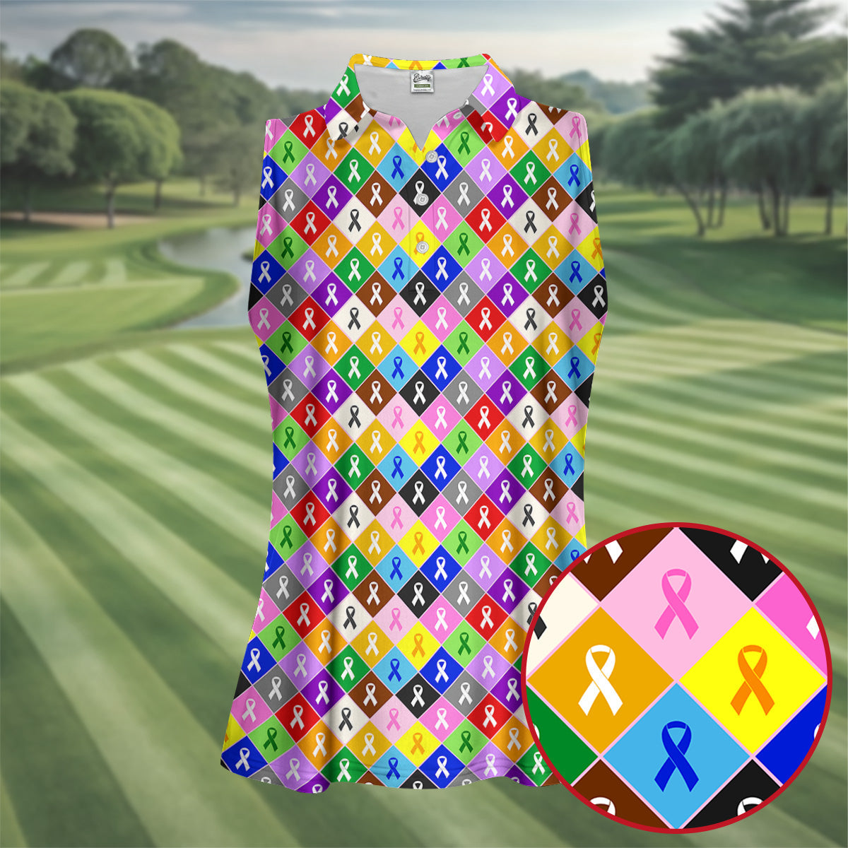 Colorful Awareness Ribbon Breast Cancer Golf Polo, Womens Golf Tops, Ladies Golf Shirts
