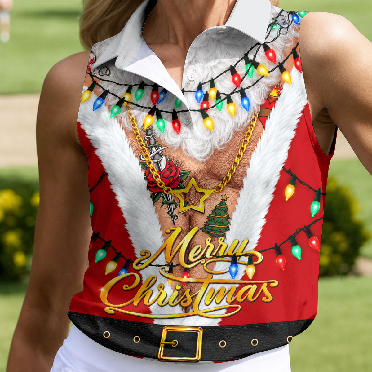 Merry Christmas Santa Lights Gold Chain Polo Shirt, Women’s Golf Polo, Golf Tops For Women
