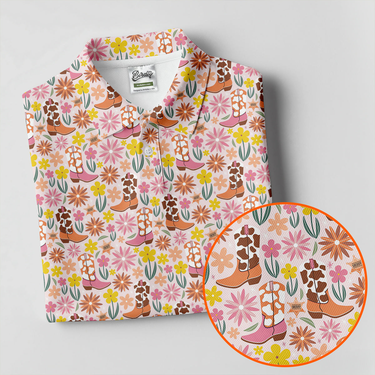Pink Floral Cowgirl Boots Pattern Golf Polo Shirt, Golf Polo For Women, Ladies Golf Tops