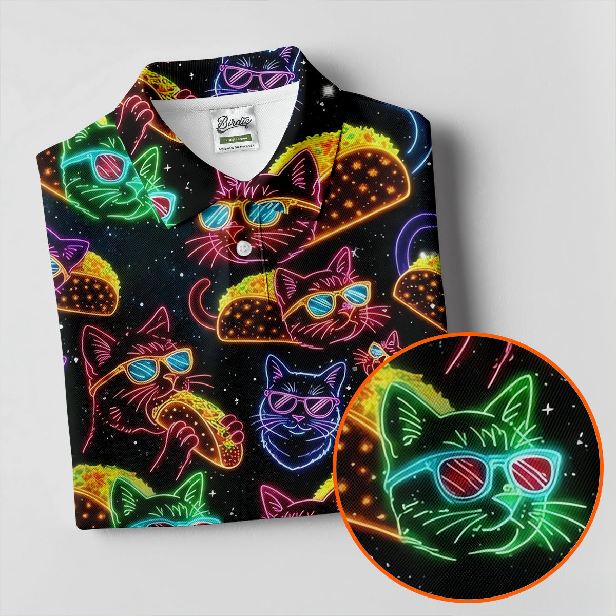 Neon Cat Taco Fiesta Time Hawaiian Golf Shirt, Cinco De Mayo Celebration Golf Shirts For Men