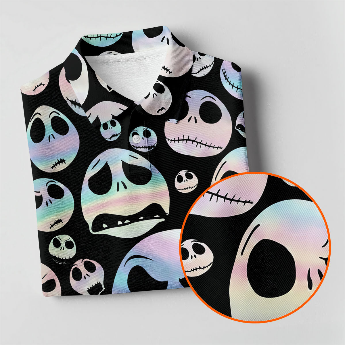 Black Horror Character Skull Face Pattern Golf Polo Shirt, Ladies Golf Shirts, Womens Golf Tops