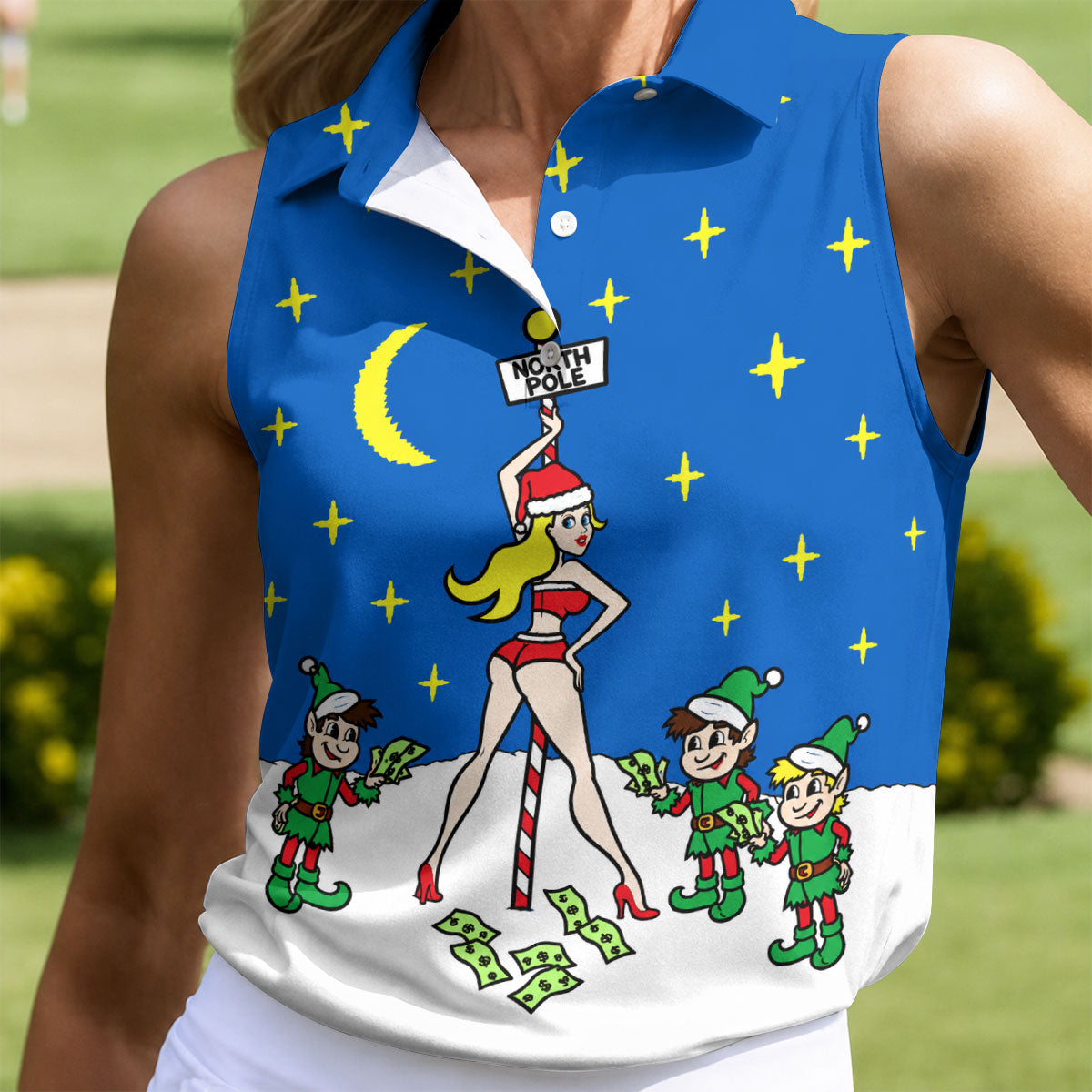 Funny North Pole Christmas Pin Up Polo Shirt, Women’s Golf Polo, Golf Tops For Women