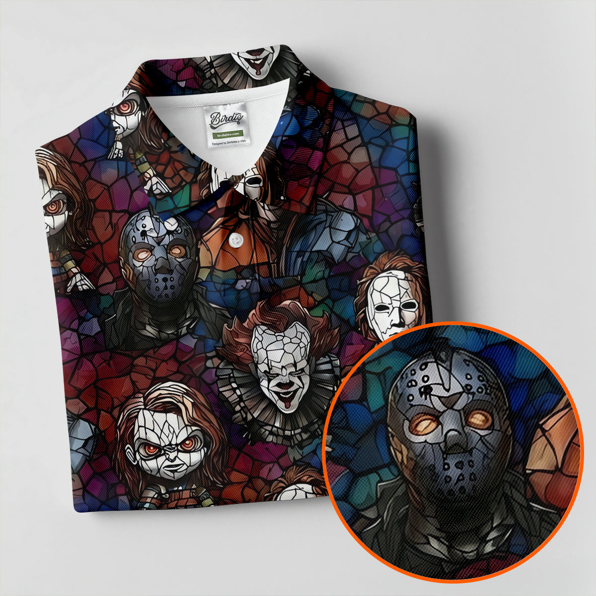 Stained Glass Horror Character Halloween Golf Shirt, Ladies Golf Shirts, Women’s Golf Polo