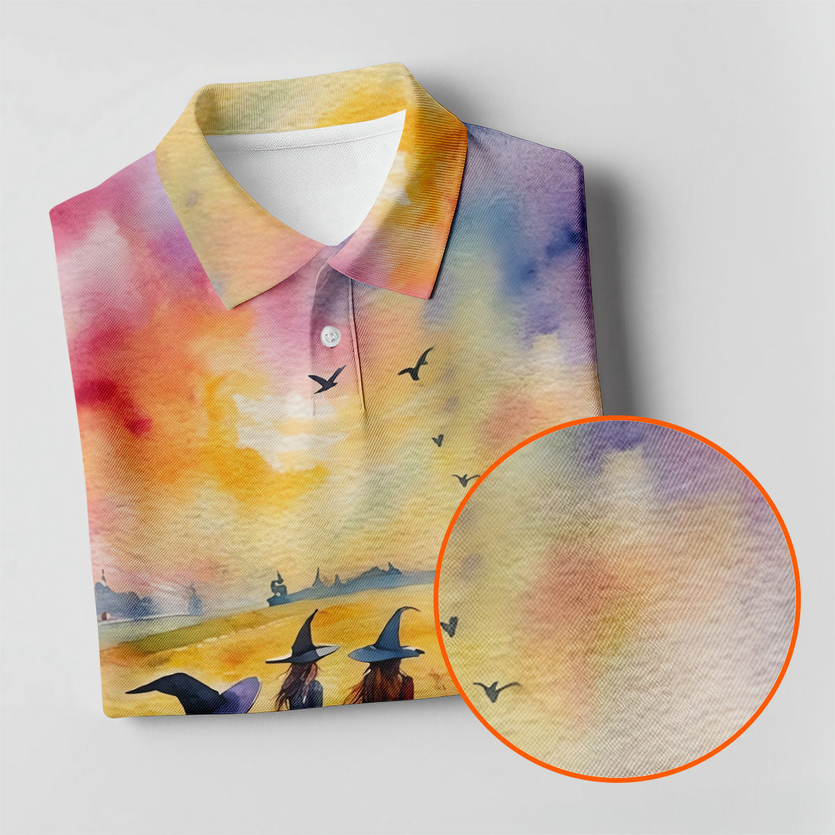 Watercolor Witch Gathering Halloween Golf Polo Shirt, Ladies Golf Tops, Women’s Golf Polo