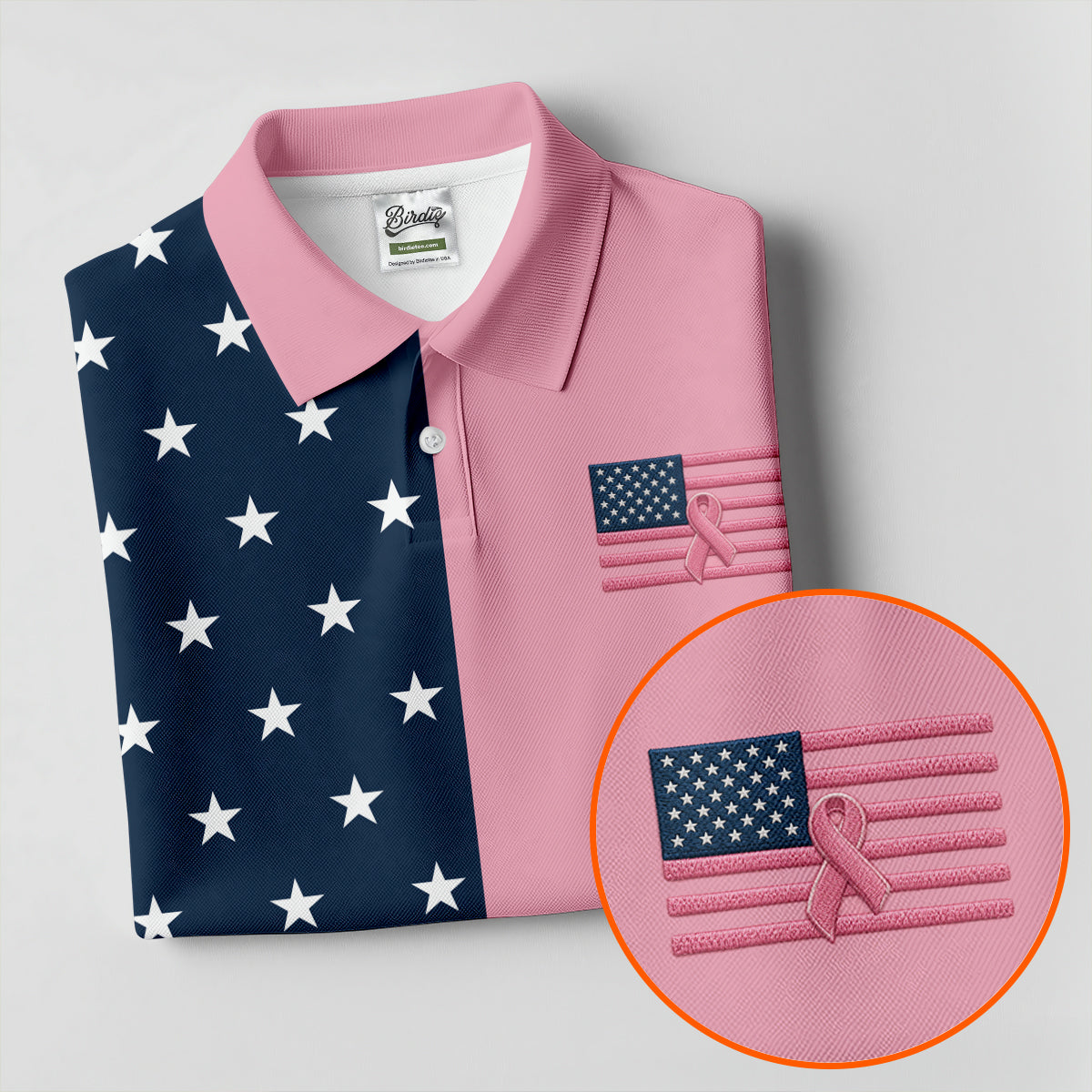 Printed Pink USA Flag Breast Cancer Polo Shirt, Golf Tops For Women, Printed Golf Shirt