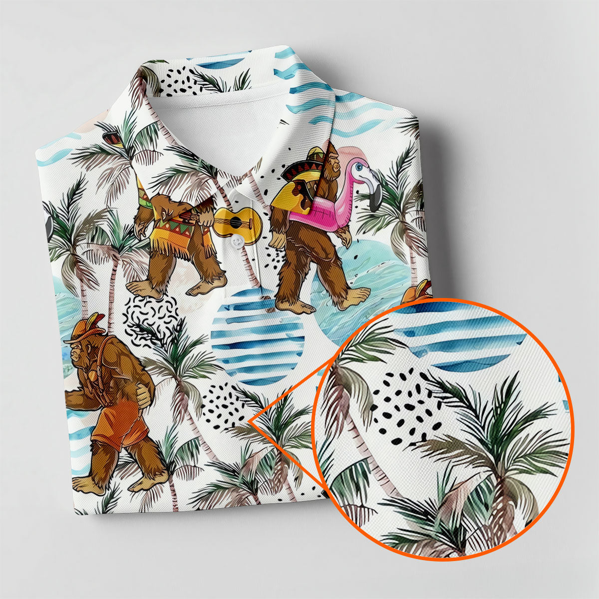 Bigfoot With Flamingo Float And Guitar Tropical Pattern Hawaiian Golf Polo, Golf Gift For Men, Golfing Apparel