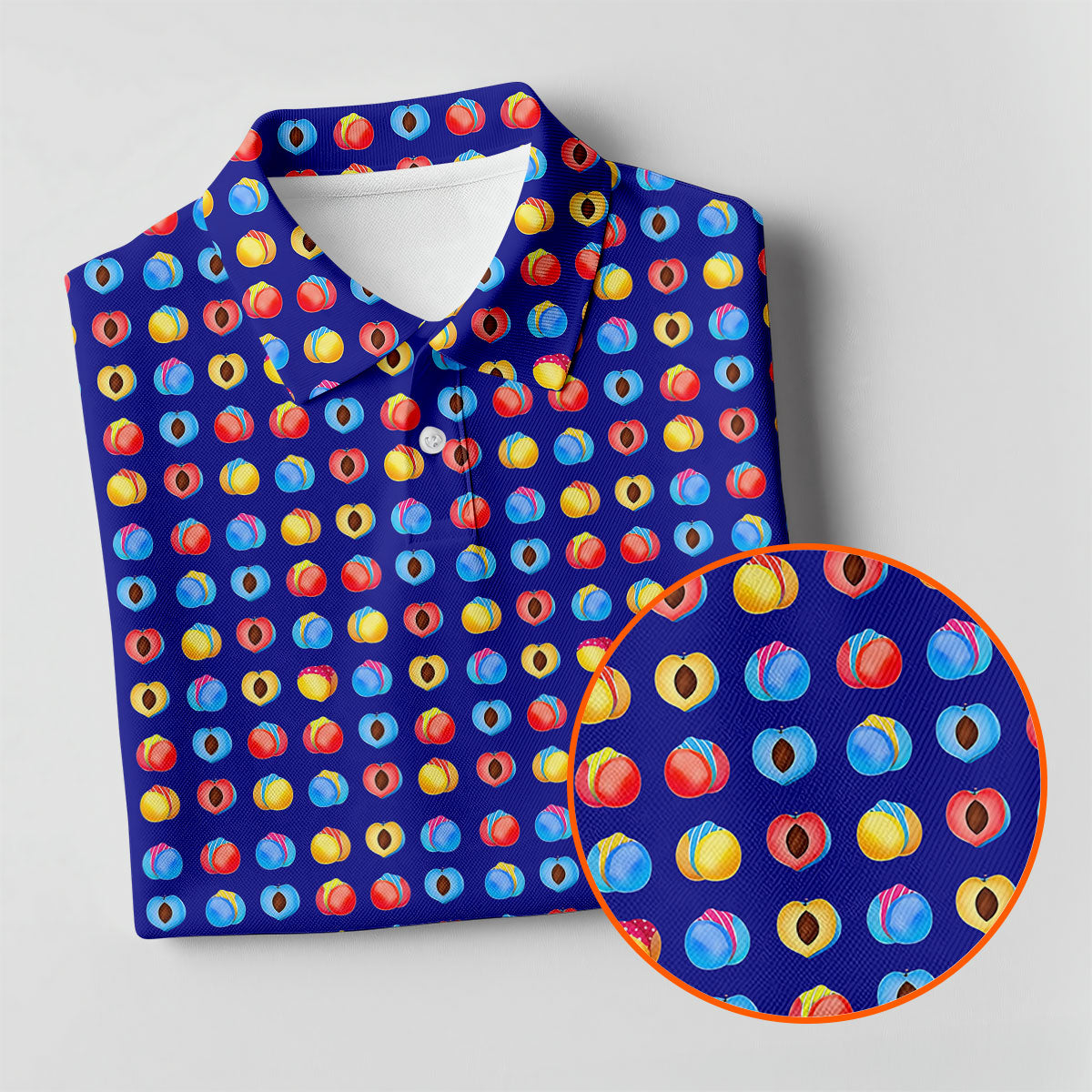 Funny Peach Emoji Pattern Golf Polo Shirt, Men's Golf Polo Shirt, Novelty Golf Shirts For Men