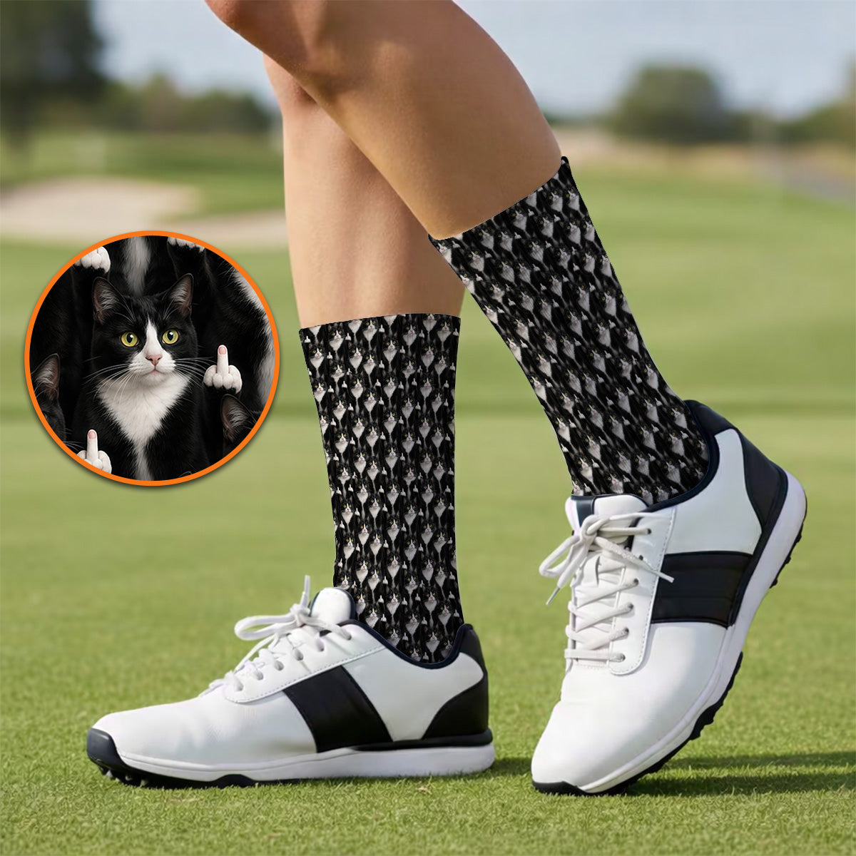 Funny Tuxedo Cat Golf Socks, Black White Cat Pattern Golf Sock, Crazy Cat Dad Golf Apparel