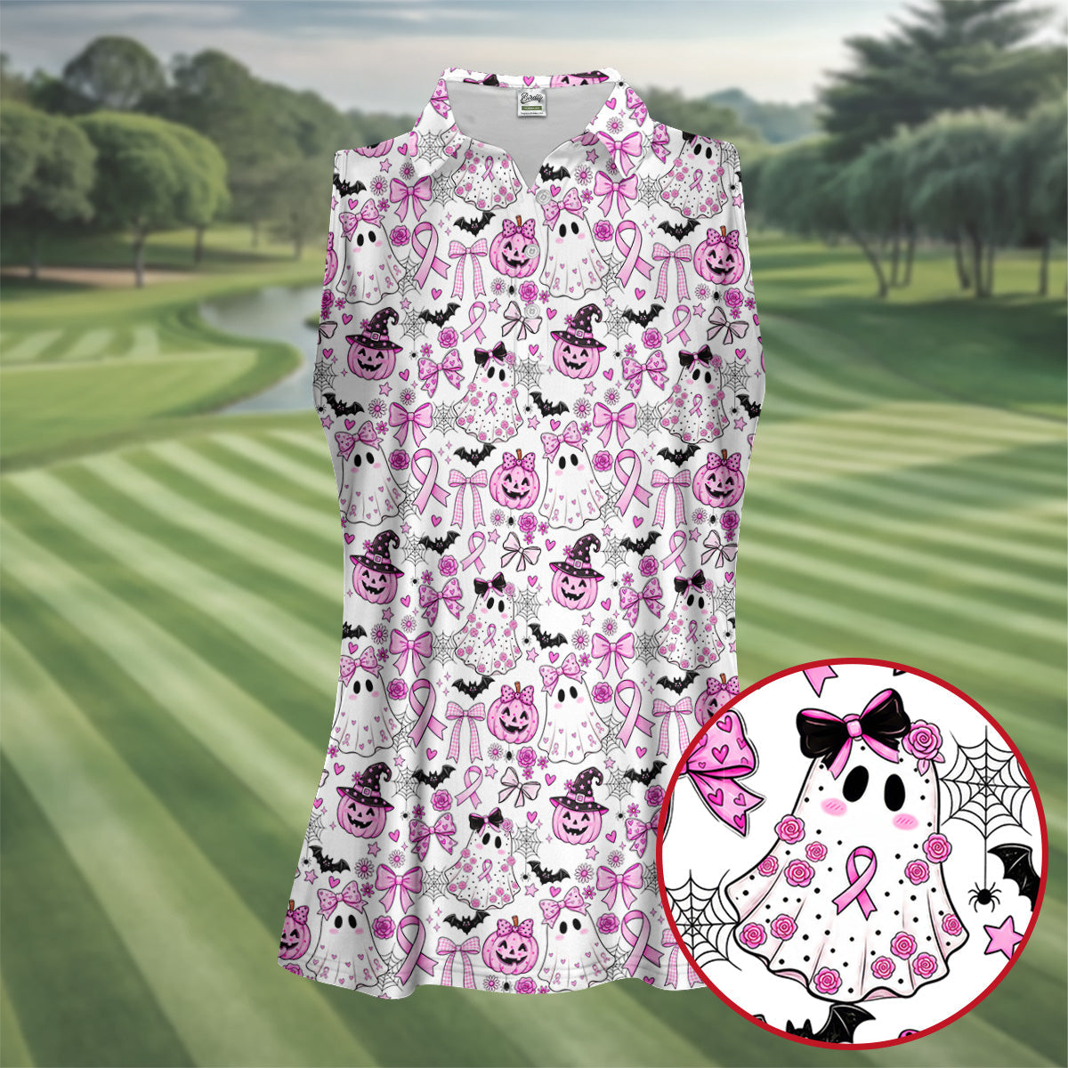 Pink Breast Cancer Witch Halloween Golf Polo Shirt, Womens Golf Polo, Golf Shirts For Women
