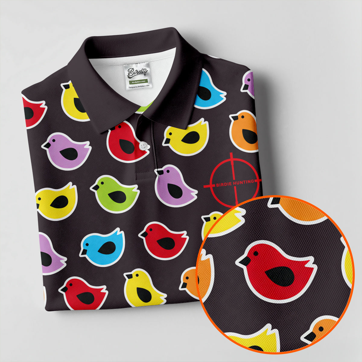 Black Colorful Birdie Hunting Golf Polo Shirt, Women's Golf Polo, Ladies Golf Top