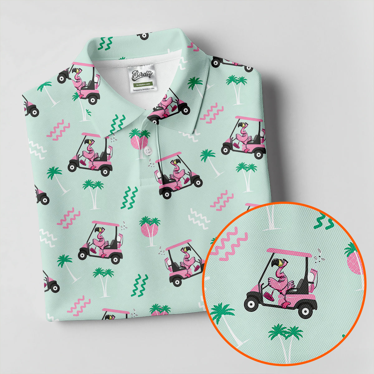 Funny Flamingo Golf Cart Tropical Pattern Polo Shirt, Ladies Golf Top, Golf Tops For Women