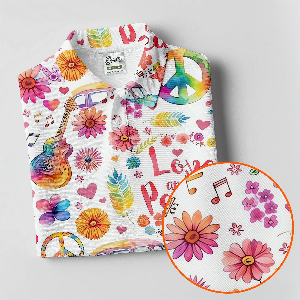 Retro Love Peace Van Floral Hawaiian Golf Shirt, Women’s Golf Tops, Performance Golf Shirt