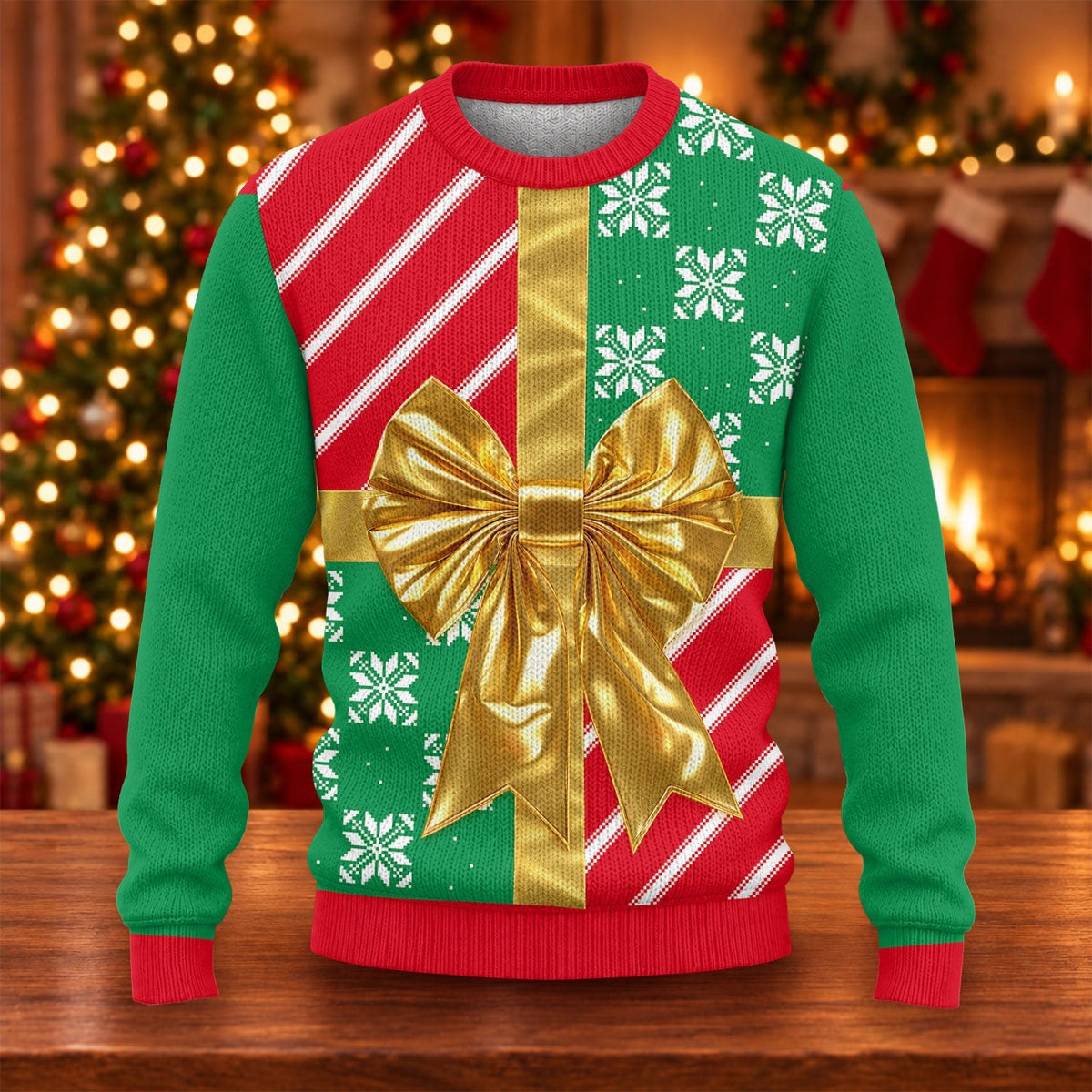 Gold Bow Gift Wrap Ugly Christmas Sweater, Funny Christmas Sweaters, Christmas Gifts