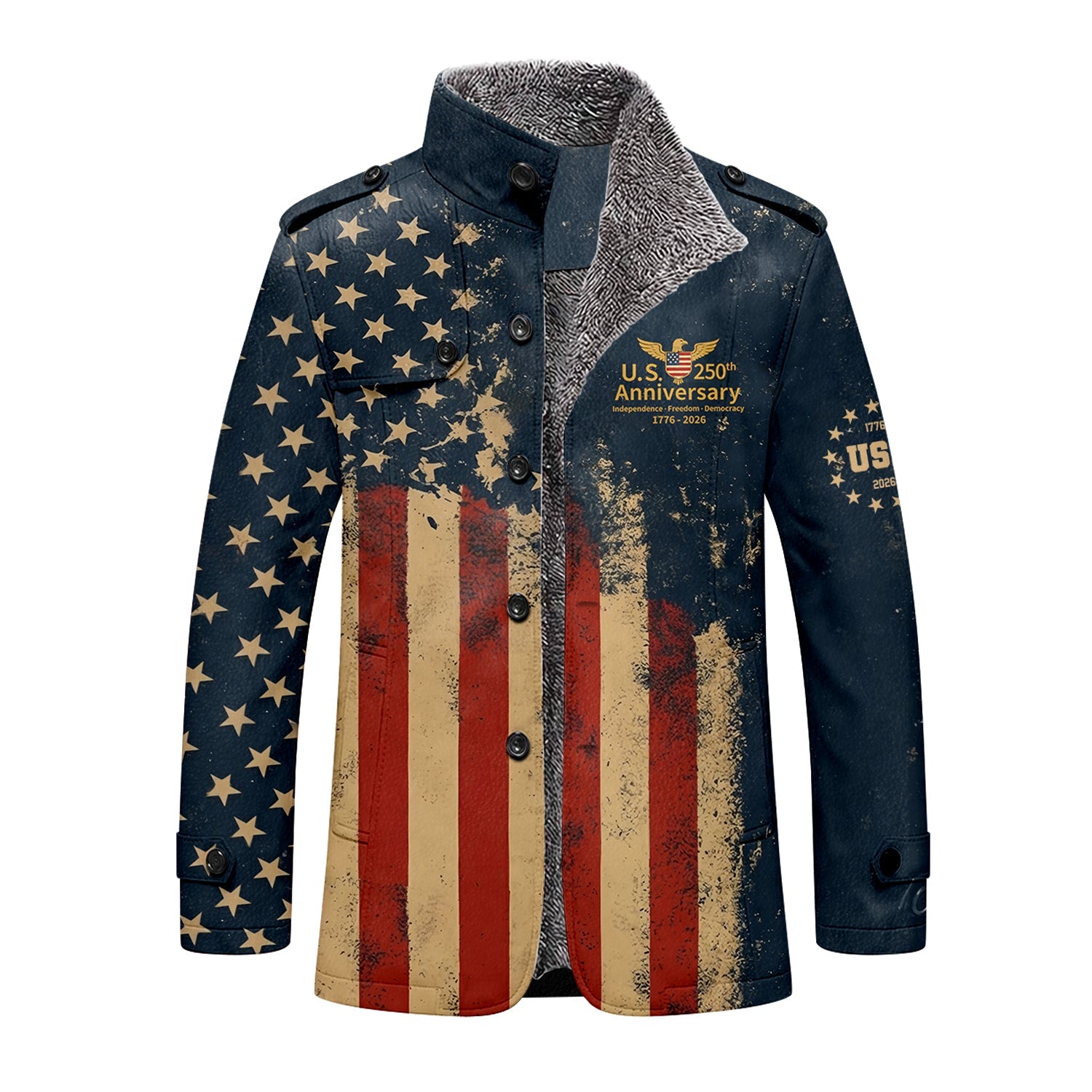 250th Anniversary Distressed Flag Men's Cold Premium Weather Jacket, Leather Trench Coat
