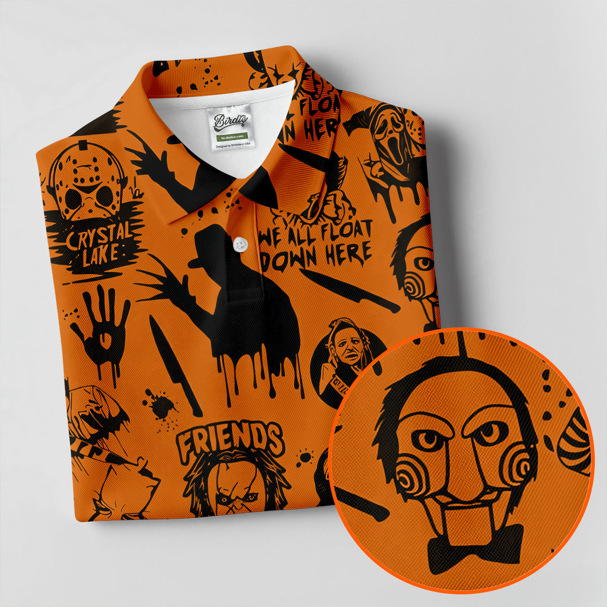 Orange Horror Character Icons Pattern Golf Polo Shirt for Halloween, Womens Golf Polo, Ladies Golf Shirts