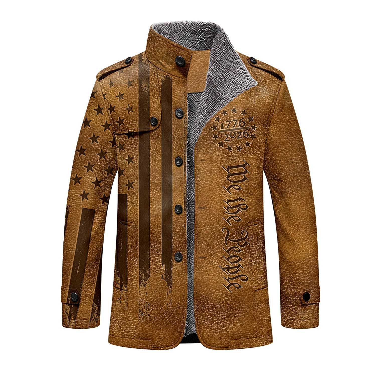 We The People 250 Years Distressed Flag Men's Cold Premium Weather Jacket, Leather Trench Coat